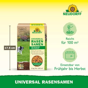 Neudorff Universal-Rasensamen 2 kg Packung für dichten Rasen, geeignet für Neuanlage und Nachsaat.