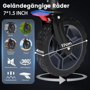 Detailaufnahme Rad des schwarzen Sekey XXL Bollerwagen. Geländegängig, 17cm Durchmesser.
