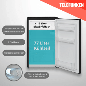 Telefunken Kühlschrank mit offenem Gefrierfach, Innenraum mit Glasablagen und Gemüsefach.