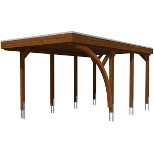 Skan Holz Carport Friesland Set 5 in Nussbaum, Holzkonstruktion mit Aluminiumdach.