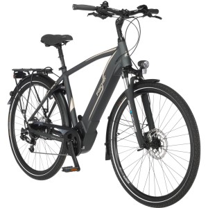 Graues Fischer E-Bike Viator 5.0i mit Diamantrahmen und Gepäckträger.