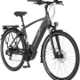Graues Fischer E-Bike Viator 5.0i mit Diamantrahmen und Gepäckträger.