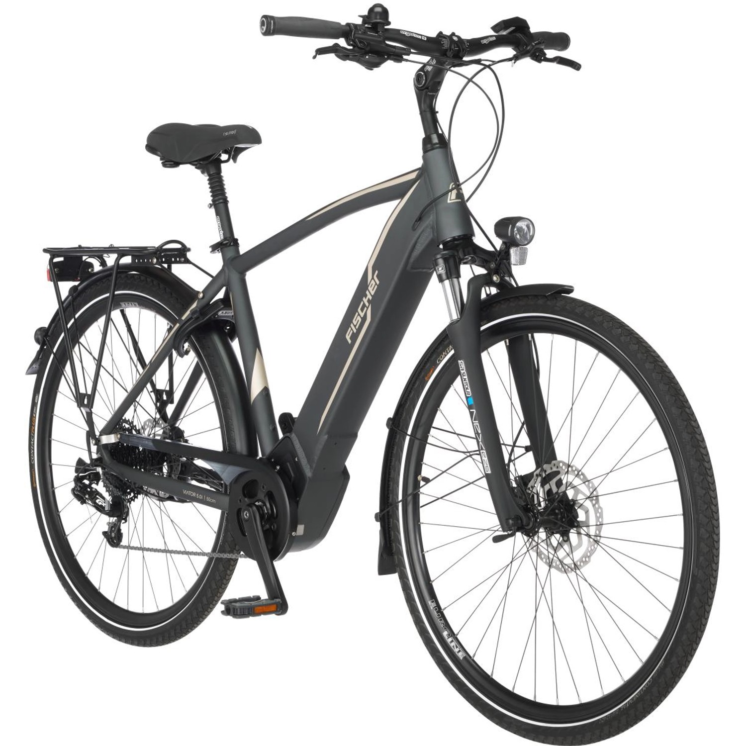 Graues Fischer E-Bike Viator 5.0i mit Diamantrahmen und Gepäckträger.