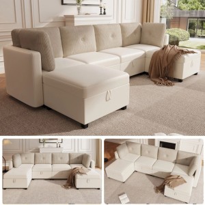 Helles Merax U-Sofa mit 6 modularen Elementen, Samt-Cord-Design, integriertem Stauraum im Wohnzimmer.