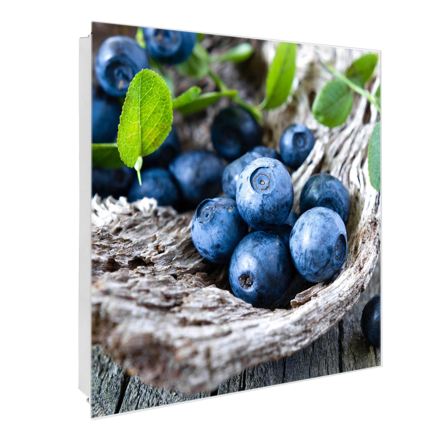 Banjado Großer Schlüsselkasten Glas 30x30cm Weiß Scharnier Links 50 Haken Beschreibbar Magnetisch Motiv Blaubeeren