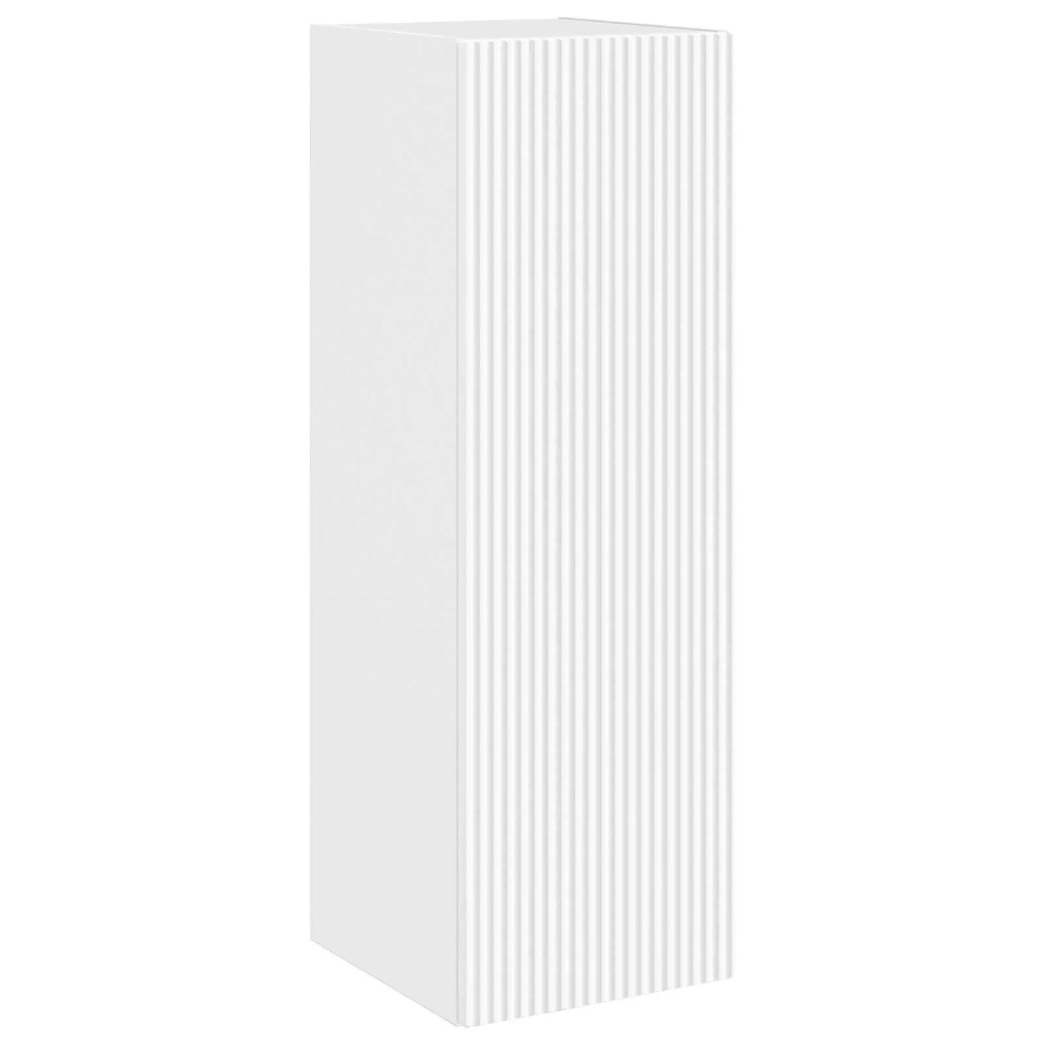 Weißer, hoher Badezimmerschrank mit vertikal geriffelter Front. Teil des vidaXL Badmöbel-Sets, wandmontierbar.