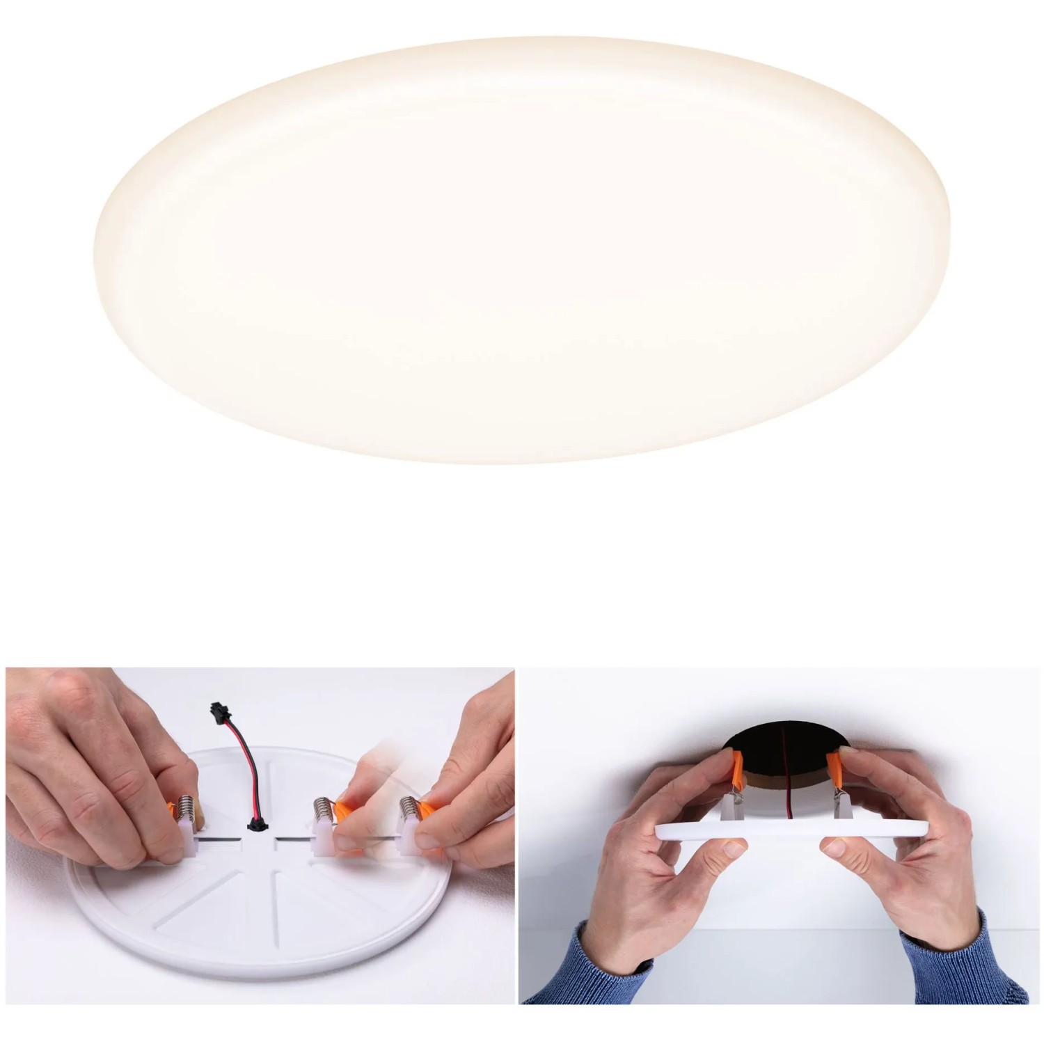Rundes, dimmbares Paulmann LED-Einbaupanel Veluna VariFit, 17W, mit Montagebeispielen.