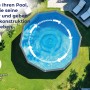 Gre Pool Amazonia Oval mit Holzoptik, Stahlwandpool im Garten mit Kreislauf-Symbol.