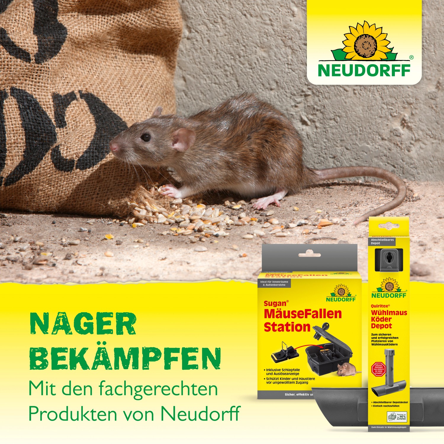 Neudorff Produkte zur Nagerbekämpfung: Mausefalle, Wühlmausköder und eine Ratte vor einem Sack.
