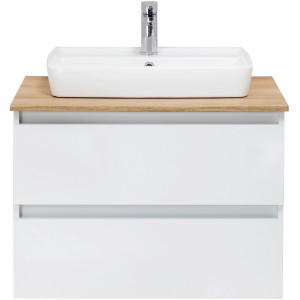 Pelipal Waschbeckenunterschrank Quickset 360, weiß glänzend, 78 cm mit Aufsatzbecken und zwei Schubladen.