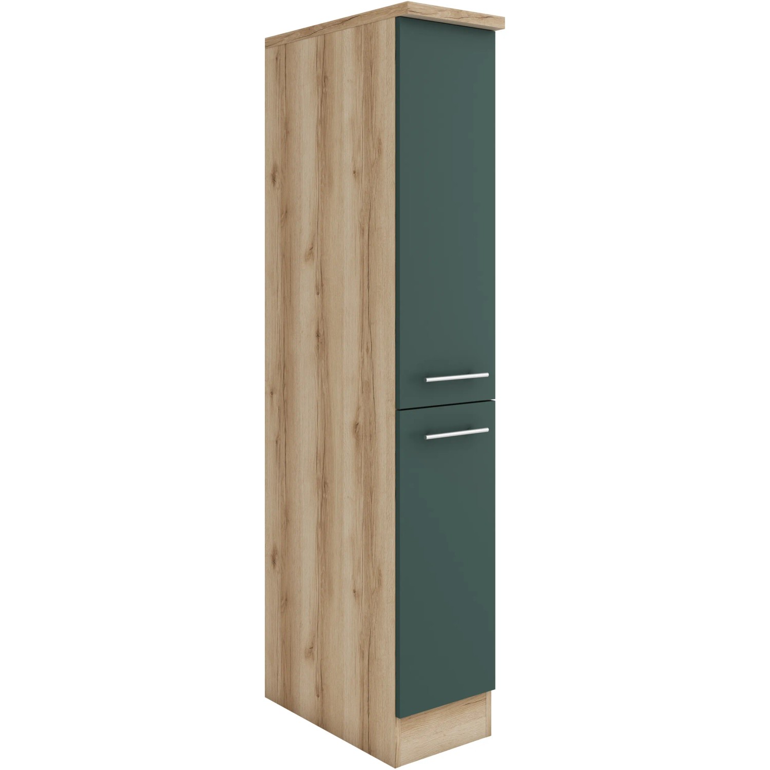 OPTIFIT Savona405 Apothekerschrank, 30 cm, Steingrün/Wildeiche, mit zwei Auszügen und Metallgriffen.