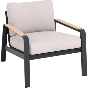 Sessel des 4-teiligen Lounge-Sets Branford in Anthrazit/Beige mit Holzapplikationen.