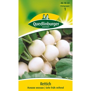Samentüte Quedlinburger Rettich 'Runder Weißer' mit weißen, runden Rettichen und grünen Blättern.