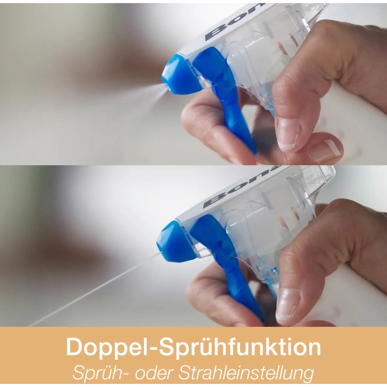Bona Reiniger Spray für geölte Böden, Doppel-Sprühfunktion für Sprüh- oder Strahleinstellung.