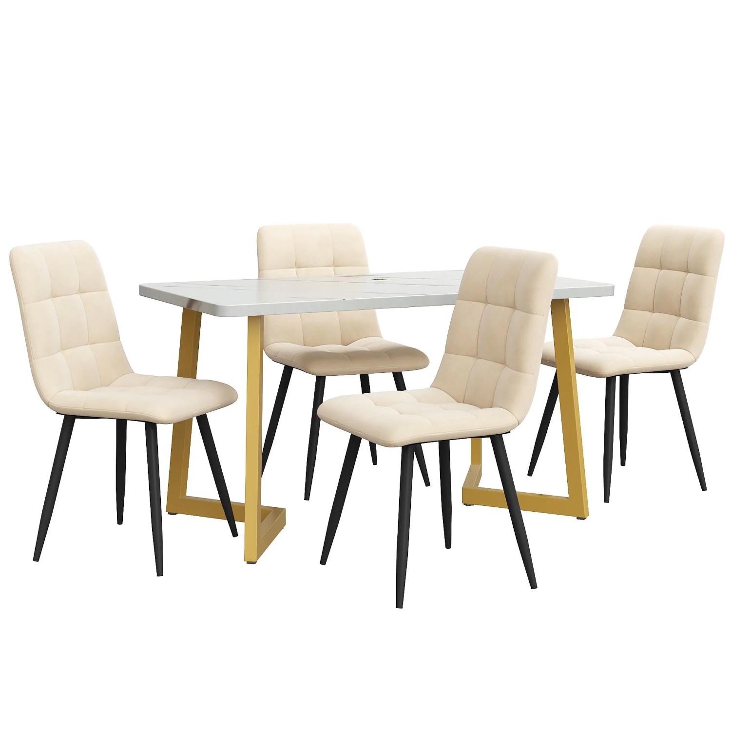 Merax Essgruppe 5-tlg mit 117cm Esstisch  4 Samtstühle Beige  Tischbeine Gold