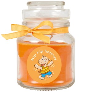 HS Candle Duftkerze Comic Honigmelone Orange im Glas mit Schleife.