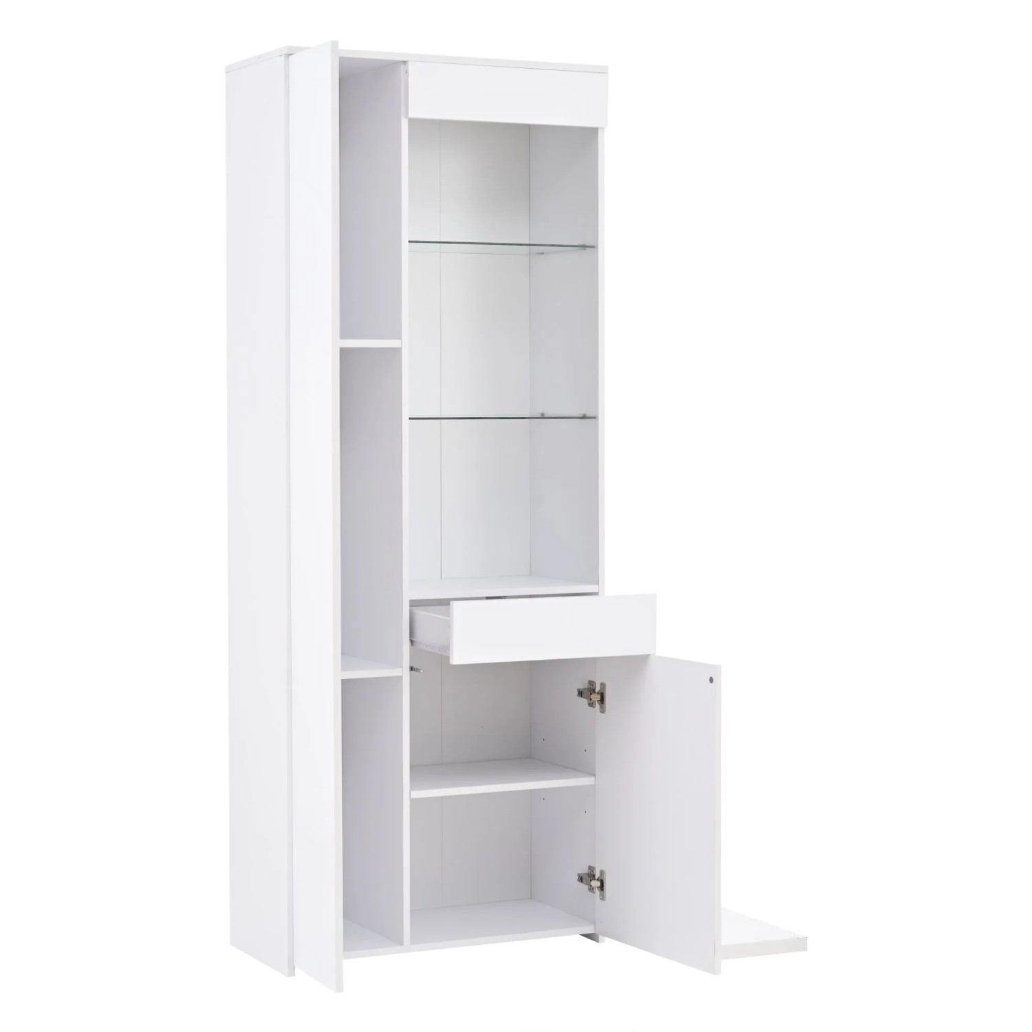 okwish Vitrine mit Schubladen LED Beleuchtung Wohnzimmer 70x35x180cm Weiß