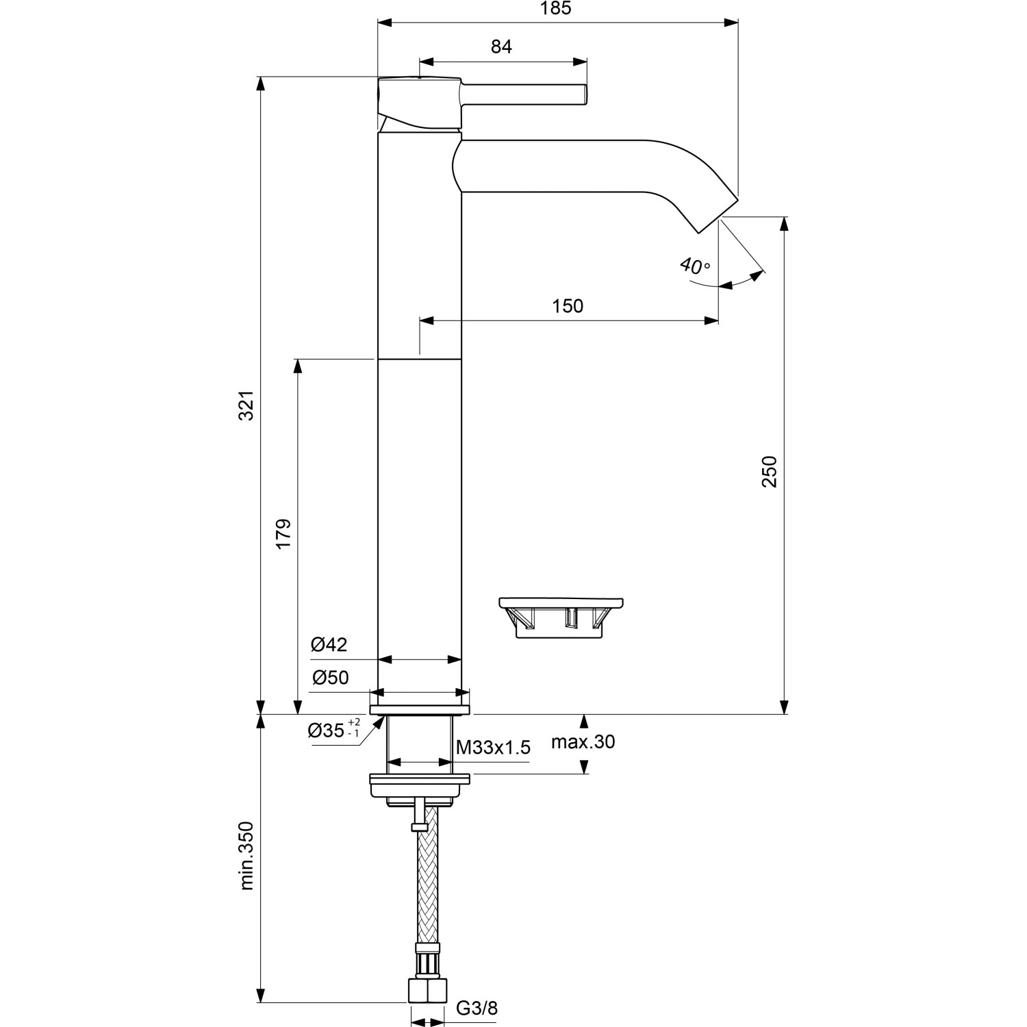 Technische Zeichnung: Ideal Standard Ceraline Waschtischarmatur, Silk Black, Maße und Anschlüsse.