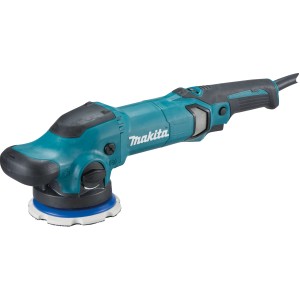 Makita Exzenterpolierer PO5000C: Schleifmaschine in Türkis/Schwarz mit Polieraufsatz.