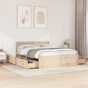 Massivholzbett aus hellem Kiefernholz 160x200 cm mit Kopfteil und vier ausziehbaren Schubladen für Stauraum.