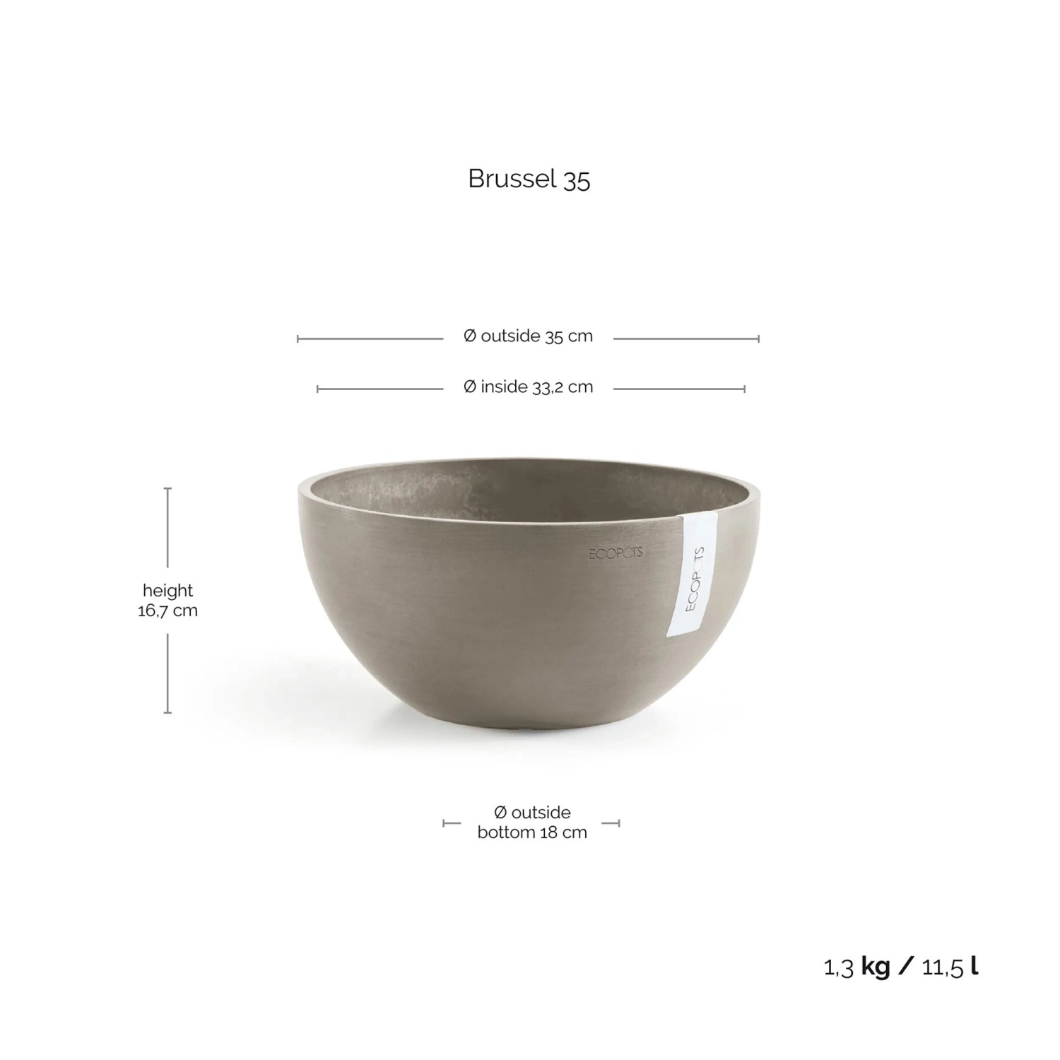 Ecopots Pflanztopf Brussels Braungrau 35 cm x 16,5 cm_3