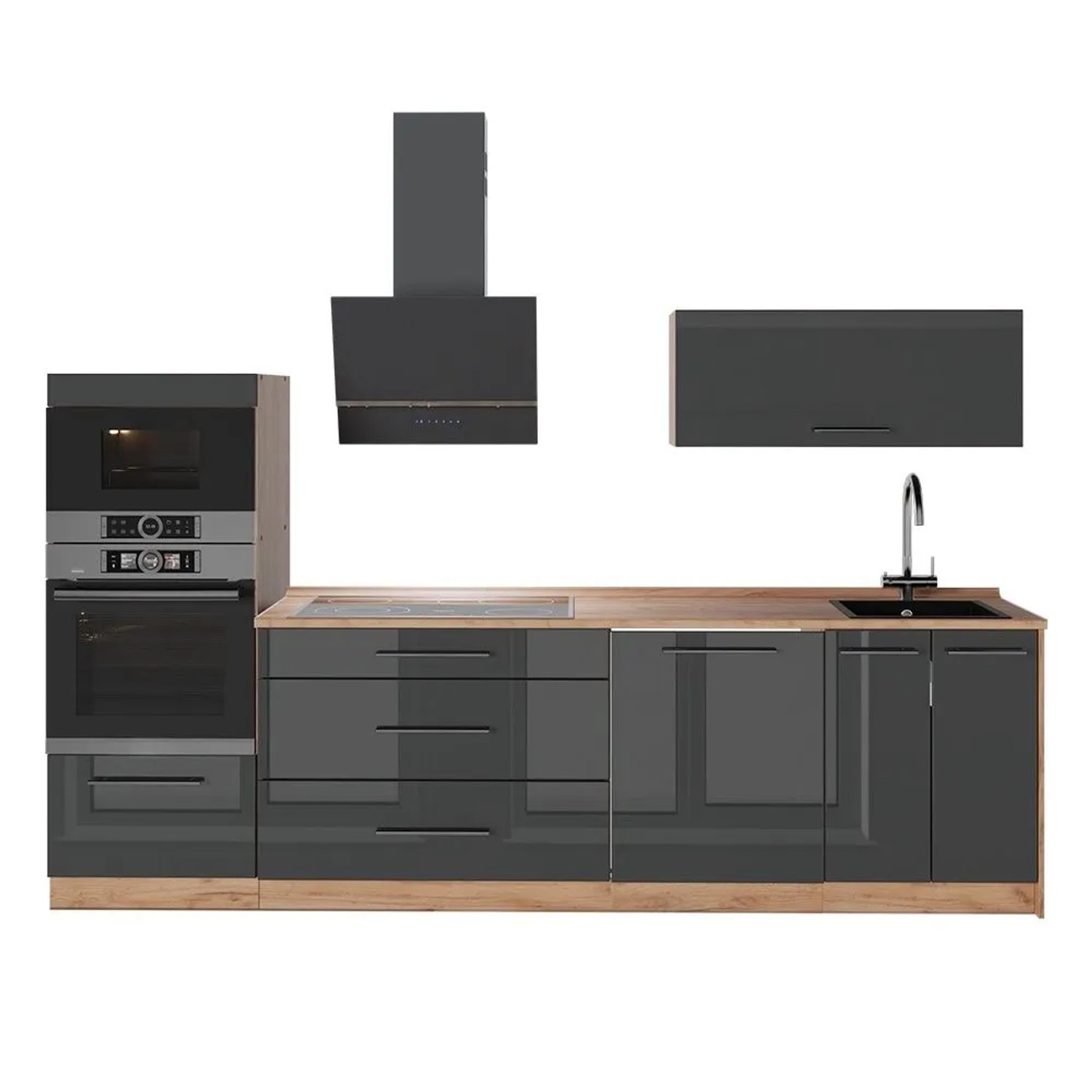 Vicco Küchenzeile Fame-Line Anthrazit Hochglanz/Goldkraft Eiche 280 x 154 ohne Arbeitsplatte Art Nr 64686