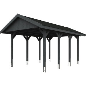 Satteldach-Carport Wallgau, schiefergrau mit schwarzen Schindeln, 380x600 cm. Holzkonstruktion mit acht Pfosten.