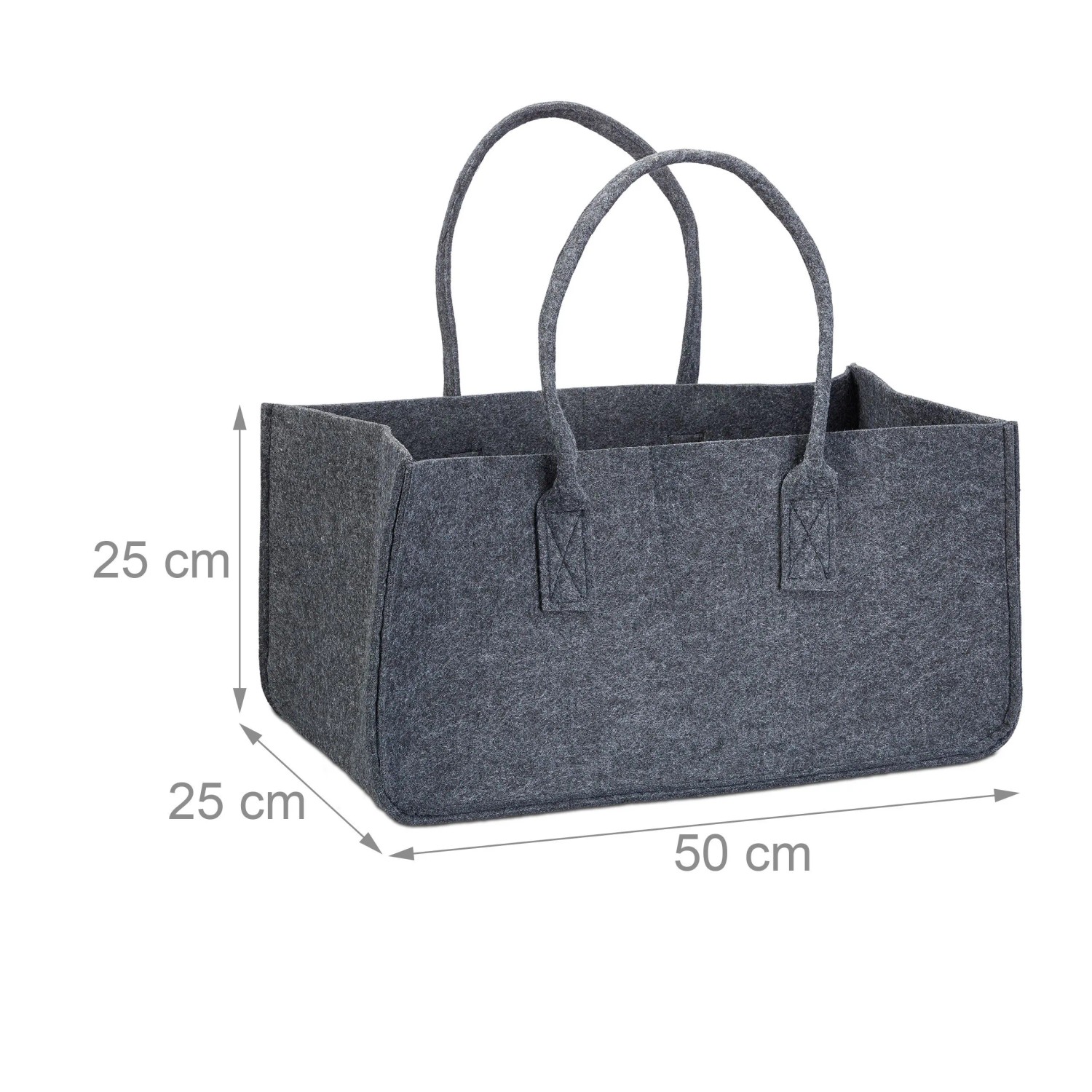 Anthrazitfarbene Filz Kaminholztasche mit Henkeln, rechteckig, 25x25x50 cm. Ideal für Brennholz & Zubehör.