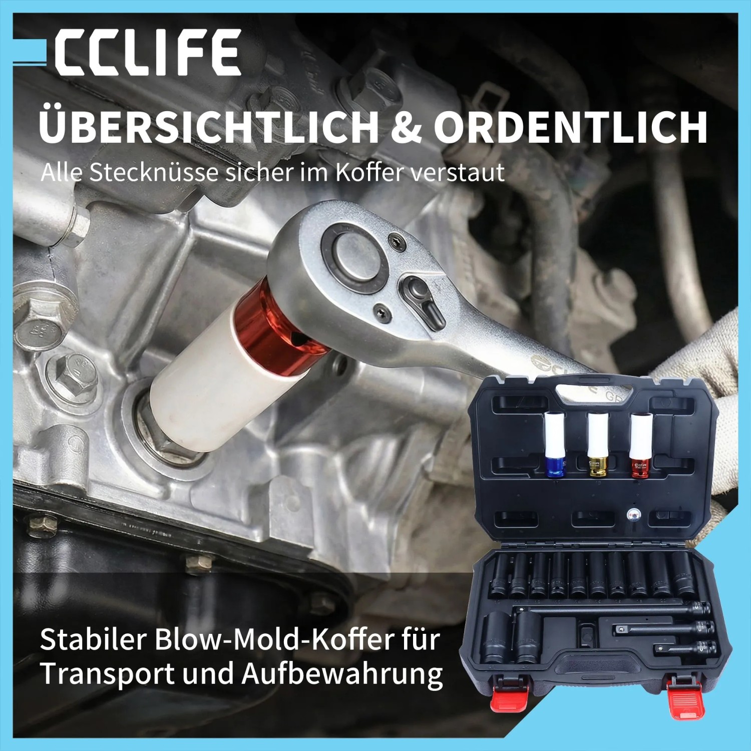 CCLIFE 18-tlg. Schlagschrauber Nüsse Set: Ratsche mit Stecknuss am Fahrzeug, offener Koffer mit Cr-Mo Stecknüssen & Radschraubnüssen.