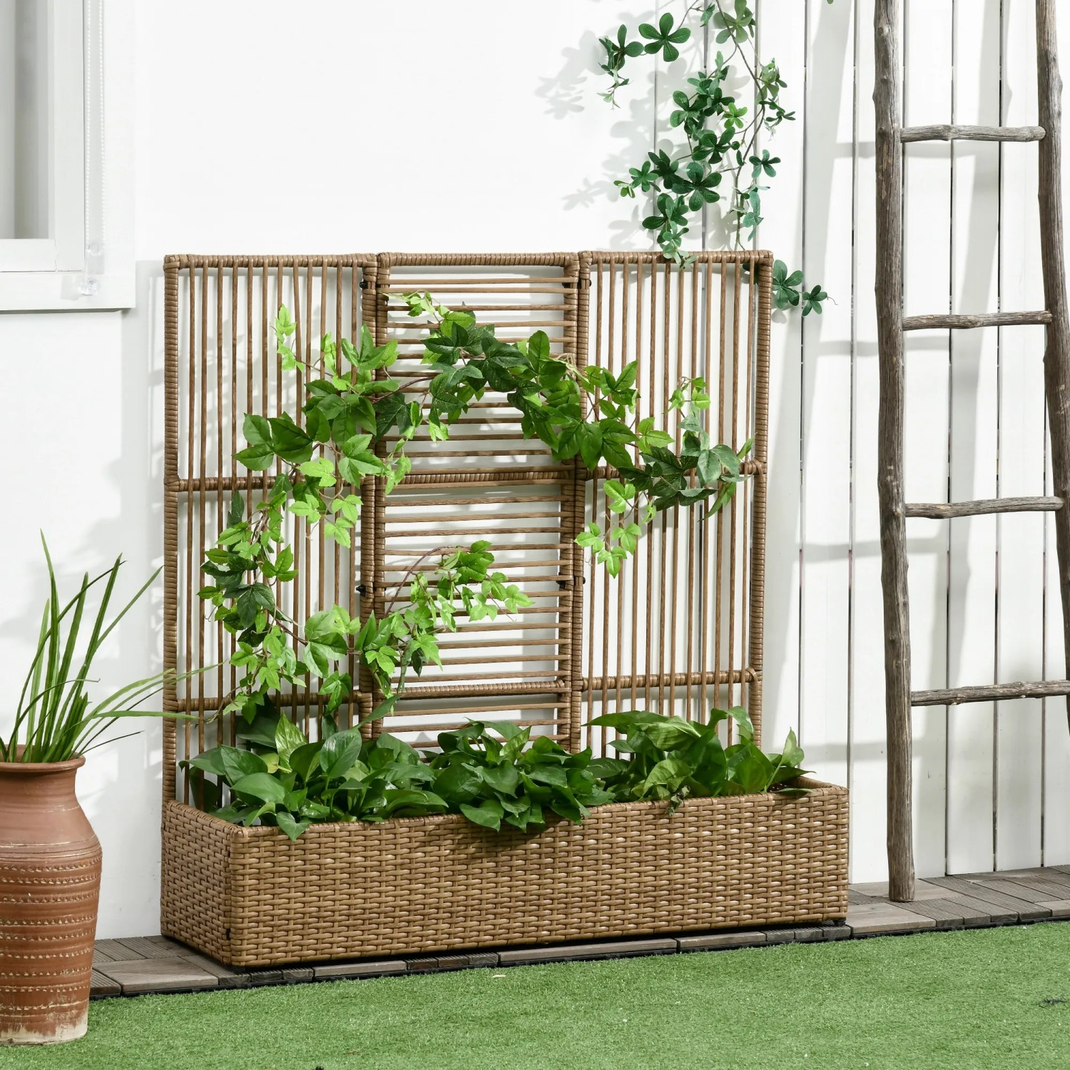Outsunny Blumenkasten mit Spalier PE-Rattan Stahl 103L x 103B x 29H cm Sand_2