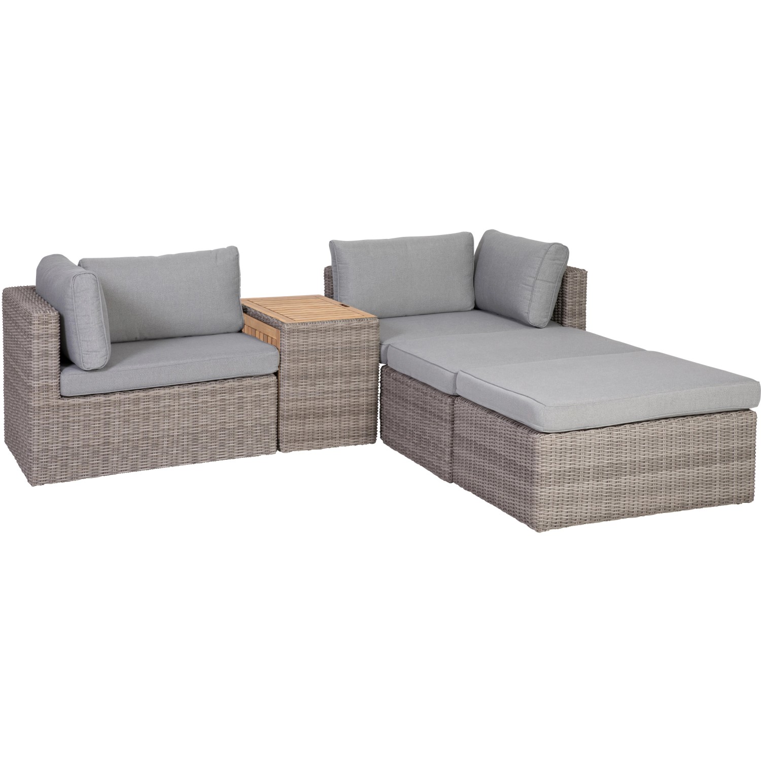 5-teiliges Greemotion Lounge-Set Olea Wood in Grau mit Stahlgestell und Akazienholz-Tisch.