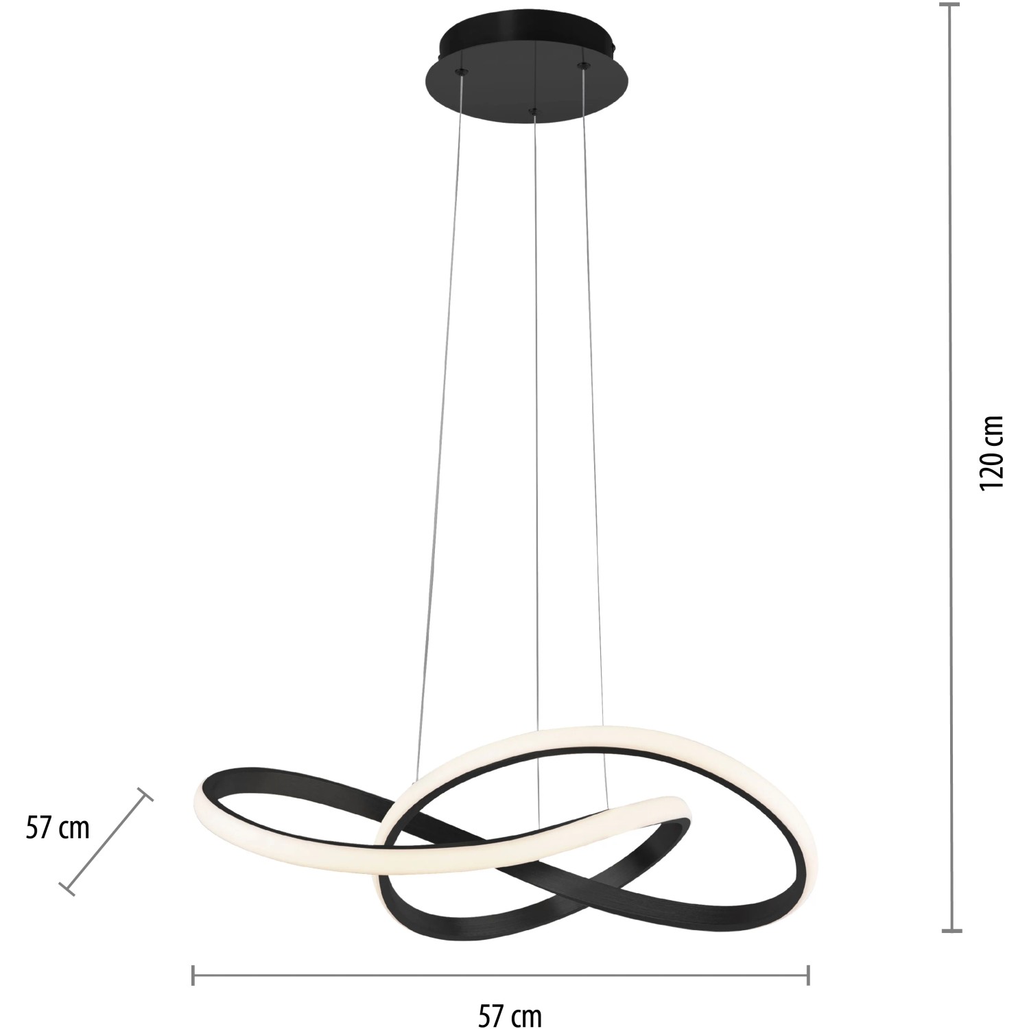 Moderne LED-Pendelleuchte Maria in Schwarz, 57x120 cm, geschwungenes Design für Wohnräume.