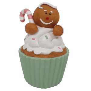 Dekorative Weihnachtsfigur: Cupcake mit Lebkuchenjunge in Braun-Bunt für die Gartendekoration.