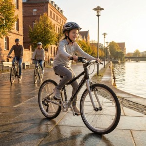 Mädchen fährt auf einem PROMETHEUS Kinderfahrrad 20 Zoll in Schwarz-Silber, Familie im Hintergrund.