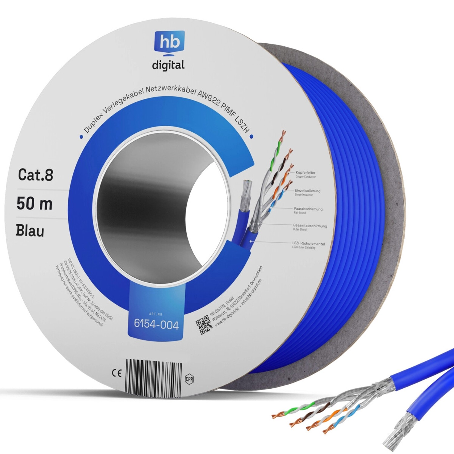 Thumbnail - hb-digital Netzwerkkabel CAT 8 Duplex max. 2000 MHz S/FTP AWG22 LSZH 50m blau