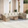 Beiges 11-teiliges Garten-Sofa-Set aus Rattan mit Kissen und Akazientisch.