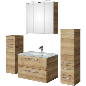 Pelipal Badmöbelset Trentino, 137 cm, Riviera Eiche, mit Waschbecken, Unterschrank, Spiegelschrank und Beimöbel.