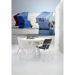 ESTAhome Fototapete mit Strandkörben in Blau und Beige, 372x270cm, für sommerliches Ambiente.