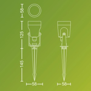 Technische Zeichnung: Philips Reuel LED-Gartenstrahler, 3er Set, Maße und Details der schwarzen Niedervolt-Spots.