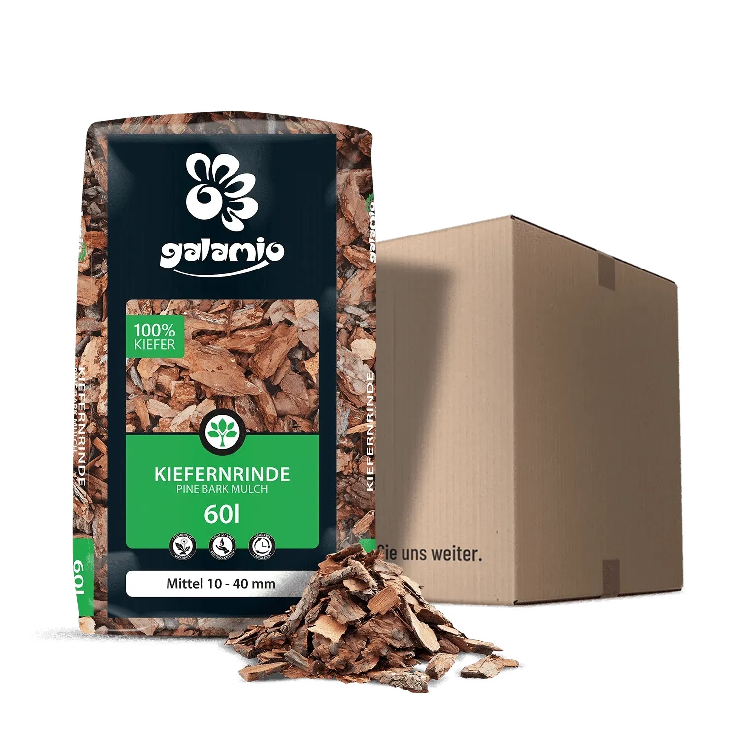 Galamio Kiefernrinde Mittel, 60l Sack und Karton, Rindenmulch für Garten und Beet.