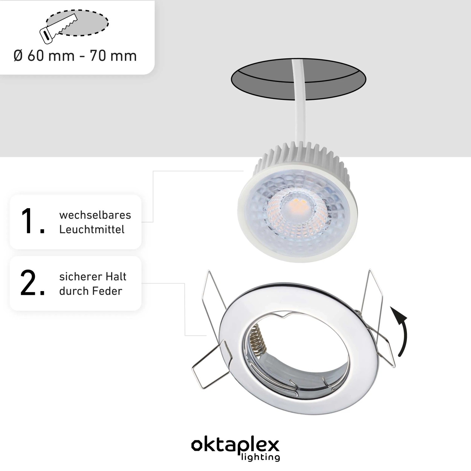 Oktaplex LED Einbauspot Sedan 6er-Set, Chromoptik, warmweißes Licht, Montage und Details.