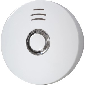 Weißer 10-Jahres Rauchmelder, 85 dB, mit Testknopf und LED-Anzeige für Brandschutz.