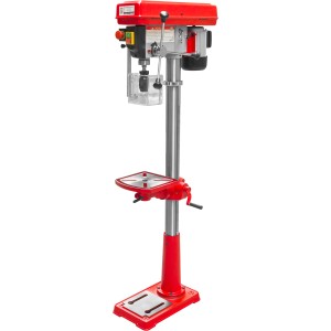 Holzmann Tischbohrmaschine 230V, rote Ausführung mit Bohrtiefenanschlag und drehbarem Bohrtisch.