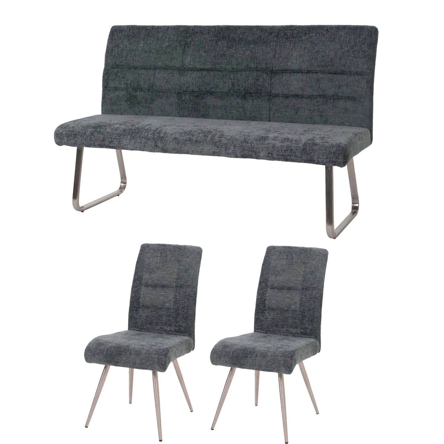 MCW Esszimmer-Set G55  2er-Set Stuhl + Sitzbank 160cm 3-teilig Stoff Chenille Blau-Grün