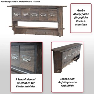 Braunes MCW Küchenregal aus Paulowniaholz mit 5 Schubladen, Ablagefläche, Stange und Haken im Shabby-Look.