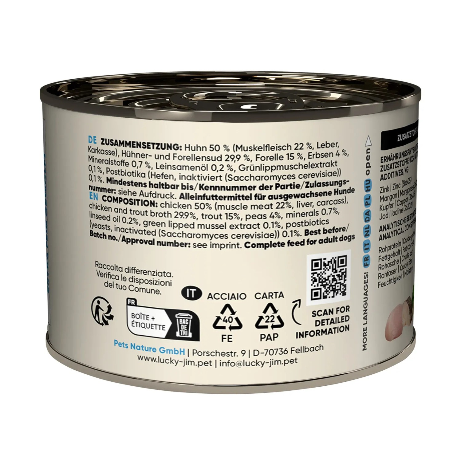Lucky Jim Hunde-Nassfutter Mini Adult Huhn & Forelle, 200g Dose. Alleinfutter für kleine Hunderassen.