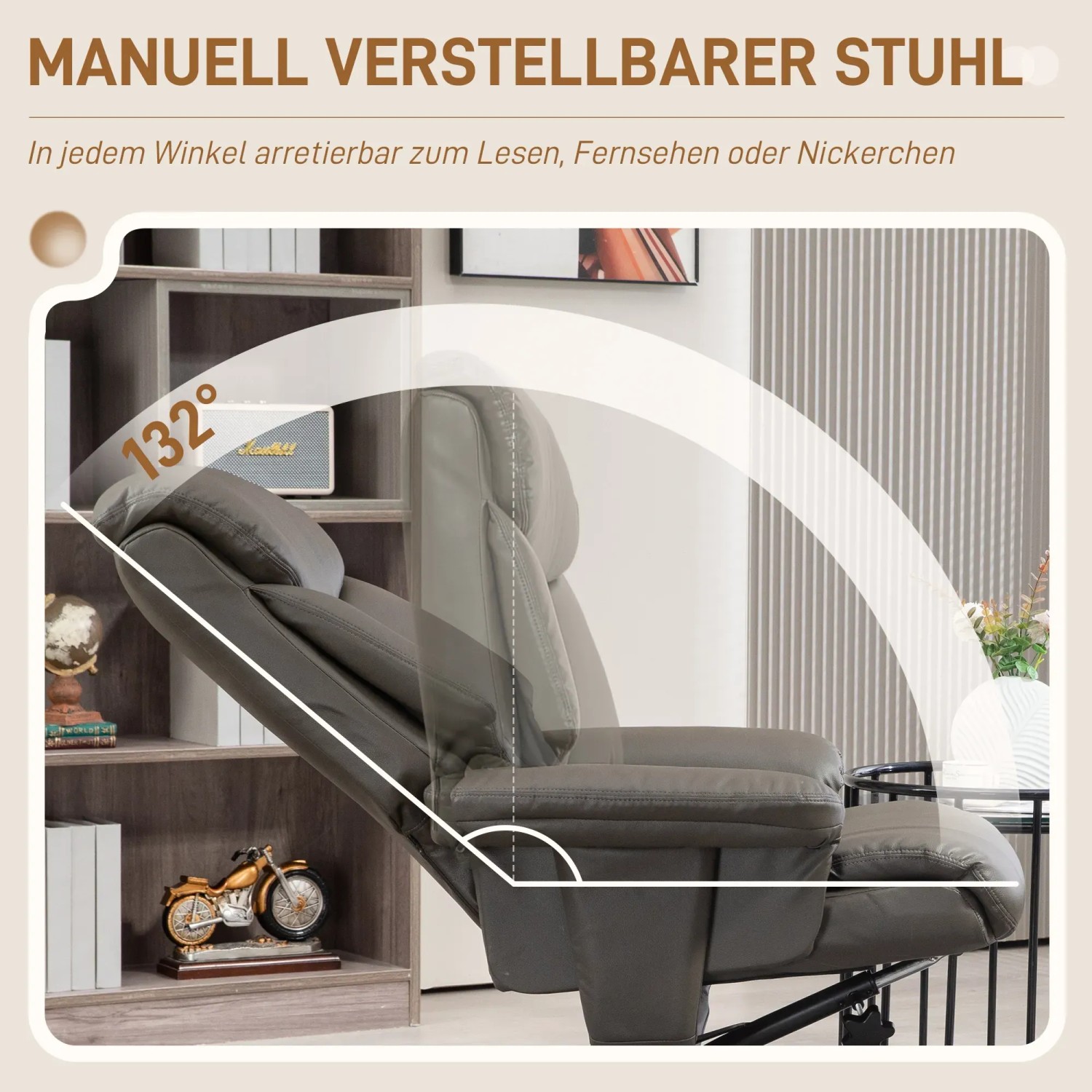 Grauer Relaxsessel mit Hocker und Liegefunktion aus Kunstleder. Loungesessel mit Wippfunktion.