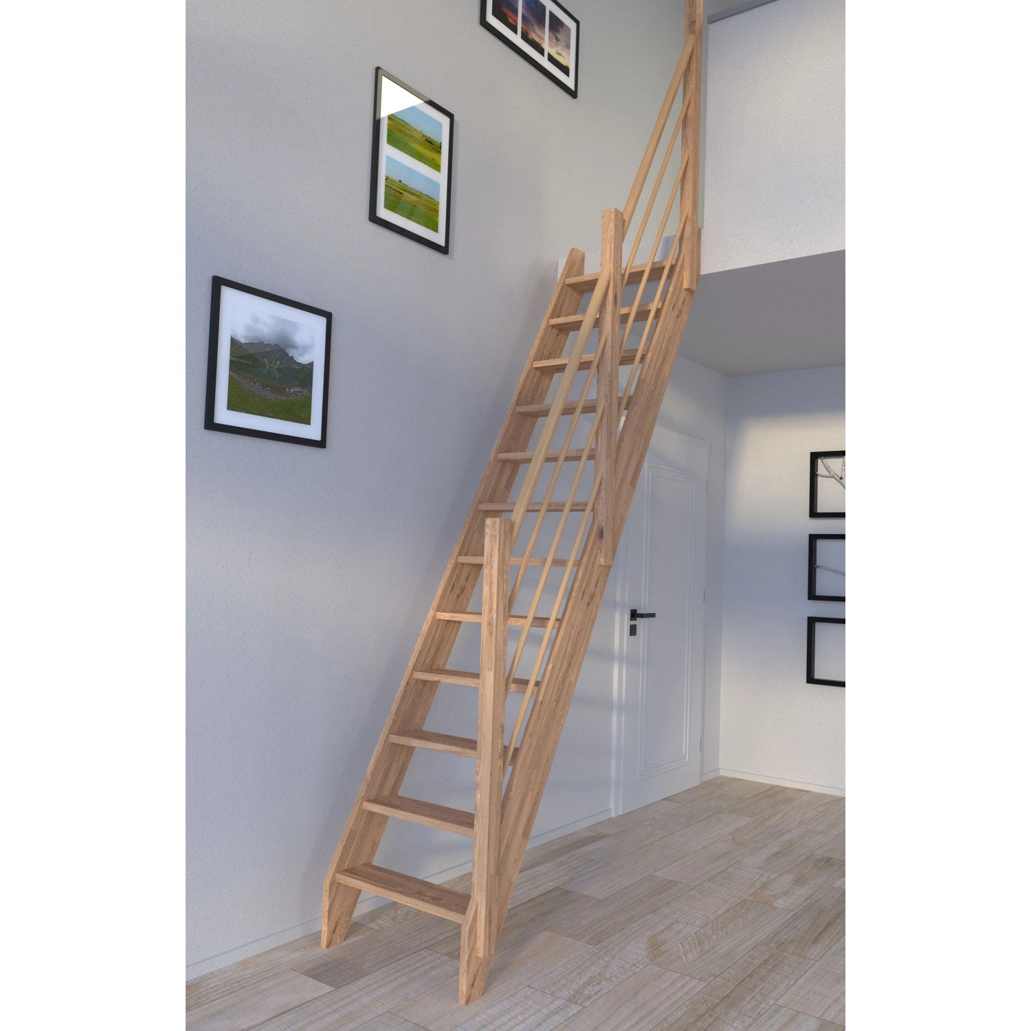 StarWood Treppe Eiche mit Holz-Design-Geländer (rechts), unbehandeltes Eichenholz, für den Innenbereich.
