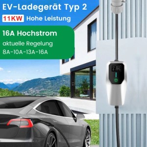 Junsun 11kW Typ 2 EV-Ladegerät an Hauswand, lädt E-Auto. Einstellbarer 6-16A Ladestrom, 3-phasig mit LCD-Display.