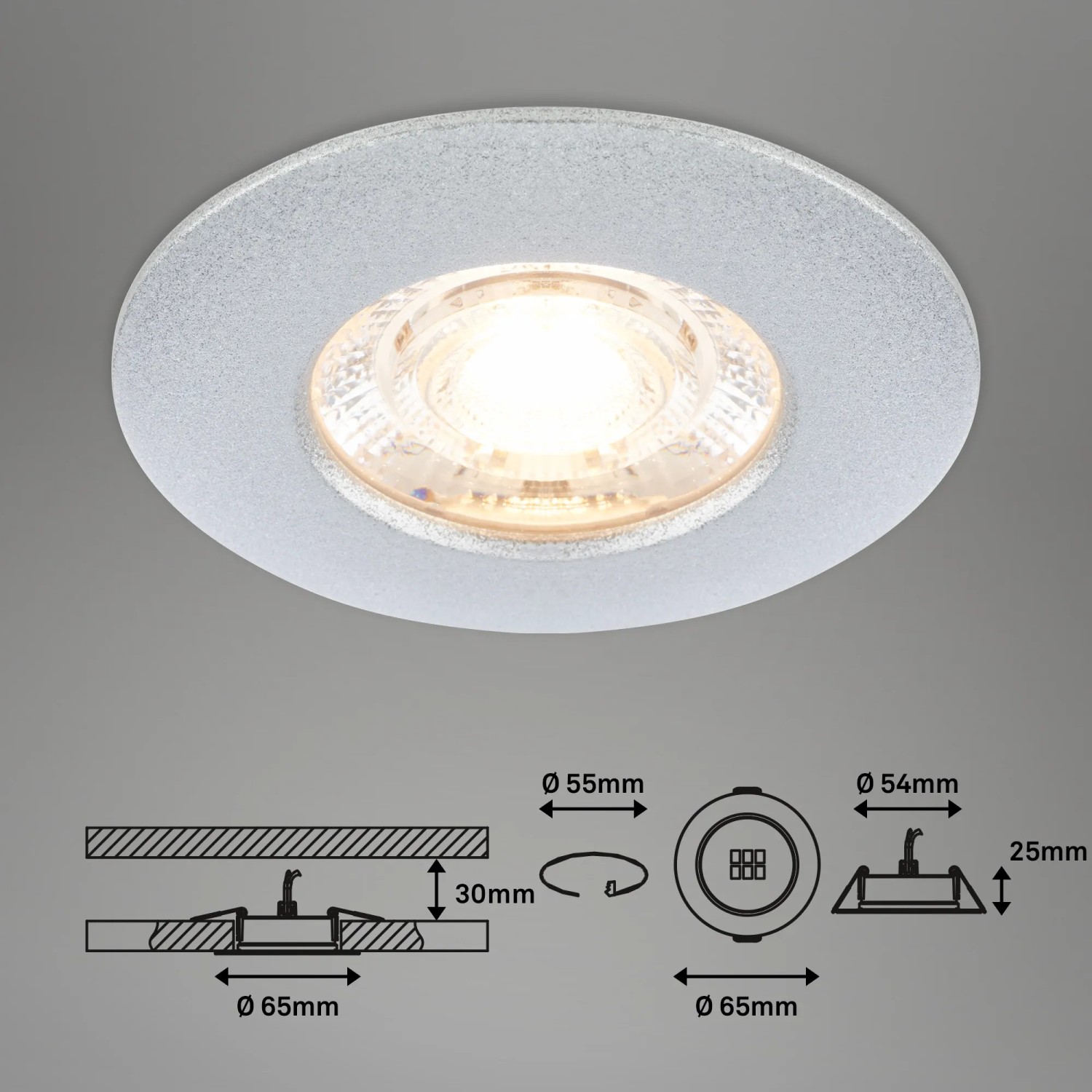 Briloner LED Einbaustrahler 3er Set, chrom-matt, warmweißes Licht, IP44, mit Maßangaben.